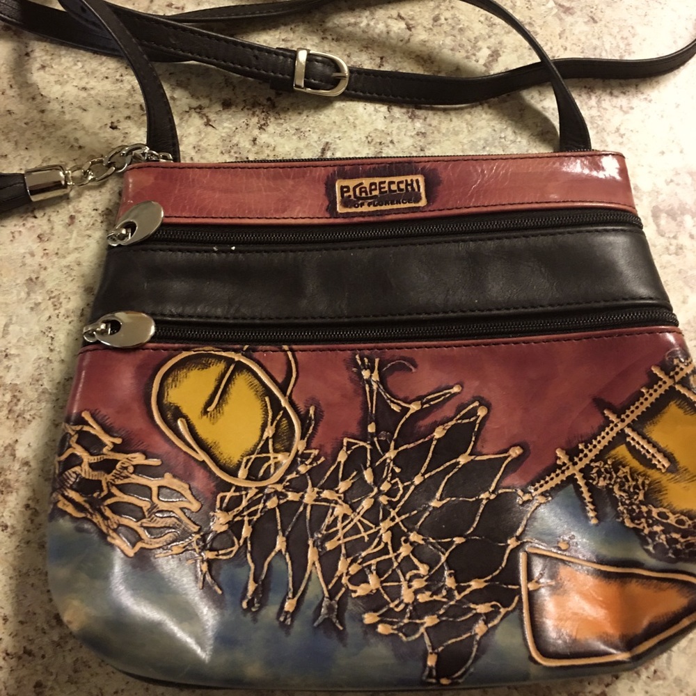 Leather Crossbody Bag w/ Engraved Design on Front